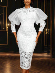 Fashion Mesh Patchwork Lace Puff Sleeves Party Dress