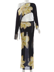 Sexy Print Mesh Off Shoulder Top Maxi Skirt Set