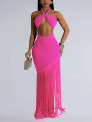 Sexy Halter Lace-up Fringes Maxi Dress