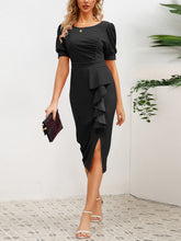 Fashion Puff Sleeve Ruffle Slit Bodycon Midi Dress