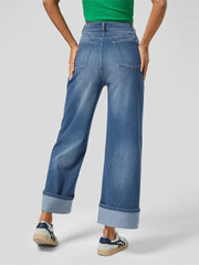 High Waist Rolled Hem Straight Casual Jeans