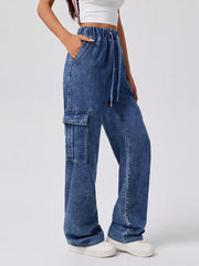 Retro Elastic Waist Loose Straight Cargo Jeans