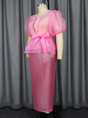 Elegant Sheer Mesh Lace-up Shirt And Long Skirts Set