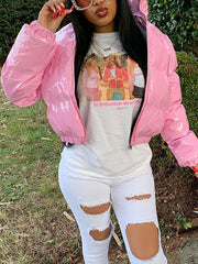 Fashion Lustrous PU Leather Cropped Puffer Coat