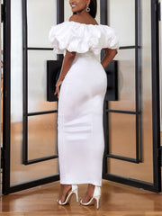 Elegant Off Shoulder Ruffle Trim Bodycon Dress