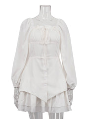 Square Neck Lace-up Bubble Sleeves Ruffle Mini Dress