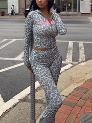Letter Leopard Print Zip Tight Hooded Top And Pants Set