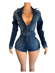 Casual Zipper Denim Romper