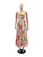 Casual Print Halter Lace-Up Backless Maxi Dress