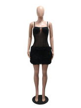 Sexy Sheer Mesh Patchwork Fluff Sleeveless Mini Dress