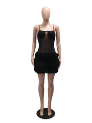 Sexy Sheer Mesh Patchwork Fluff Sleeveless Mini Dress
