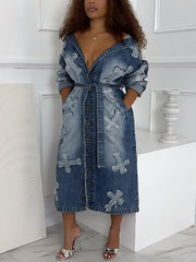 Fashion Embroidery Denim Long Coat Belted Outerwear
