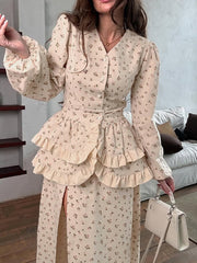 Elegant V-neck Print Waist Ruffle High Split Maxi Dress