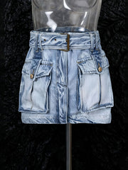 Casual Belted Denim Mini Skirt