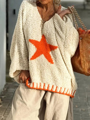 Warm Texture Star Pattern Contrast Color Loose Sweater
