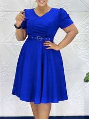 Casual V-neck High Waist Pleated Hem Midi Dress