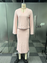 Elegant V Neck Rhinestone Slim Slit Skirt Two-piece Set