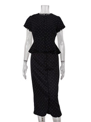 Polka Dot Print Slim Shirt High Waist Midi Skirt Set