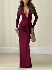 Elegant Deep V Pleated Bodycon Slit Maxi Dress