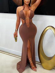 Sexy Halter Backless Hollow Out Slit Maxi Dress