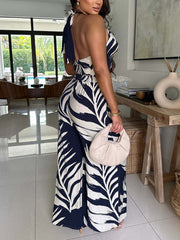 Casual Print Halter Lace-up Top Wide Leg Pants Set