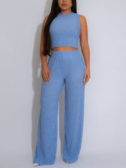 Casual Sleeveless Crop Top And Trousers Two Piece Set