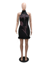 Sexy Rhinestones Halter Fur Trim Slim Mini Dress