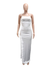 Sexy Backless Slim Slit Feather Dinner Dress