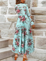 Floral Print Flounce Sleeve Pleated Hem Belted Dress