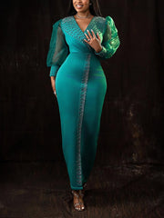 Sexy V Neck Sheer Mesh Sleeve Bodycon Dress