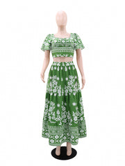 Casual Print Crop Top High Waist Maxi Skirt Set