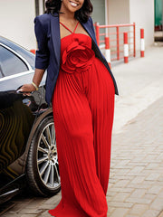 Sexy Sleeveless 3D Flower Wide Leg Pleated Jumpsuit