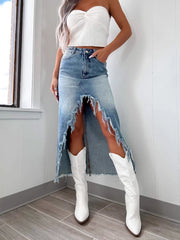 High Waist Irregular Tassel Casual Denim Skirt