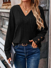 Casual Long Sleeve V Neck Knit Rib Pullover Sweatshirt