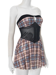 Sexy Mesh Patchwork Plaid Strapless Mini Dress