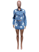 Fashion Print Denim Package Hip Skirt Sets