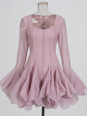 Elegant Mesh Flare Sleeve Ruffle Mini Dress