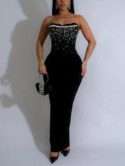 Sexy Velvet Rhinestone Bodycon Strapless Maxi Dress