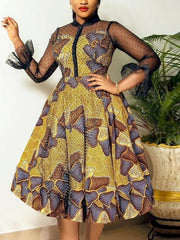 Elegant Mesh Sleeve Patchwork Print Party Dress
