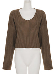 Casual Vintage Ribbed Cropped Pullover Sweater