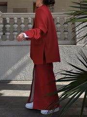 Fashion Loose Blazer And Slit Long Skirt Suit