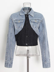 Fashion Patchwork Cropped Denim Jacket Jeans Set