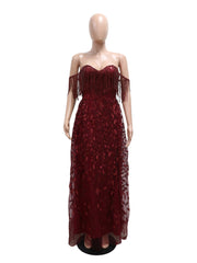 Sexy Strapless Sequin Leafy Fringe Maxi Dress