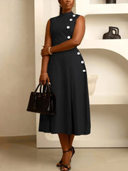 Fashion Stand Collar Sleeveless Button Decor Midi Dress