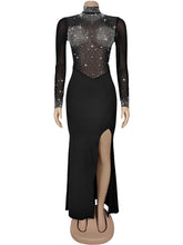 Rhinestone Sheer Mesh Patchwork Split Maxi Dress