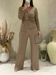 Elastic Jacquard Pleated V-neck Top And Pant Casual Set