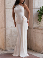 Elegant One Shoulder Metal Decor Ribbons Maxi Dress