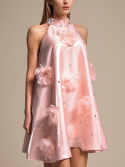 Elegant Halter Flowers Embellishment Diamond Mini Dress