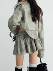 Print Cropped Trench Jacket and Mini Skirt Casual Set