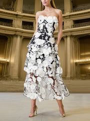 Boutique Embroider 3D Flower Tiered Strapless Dress